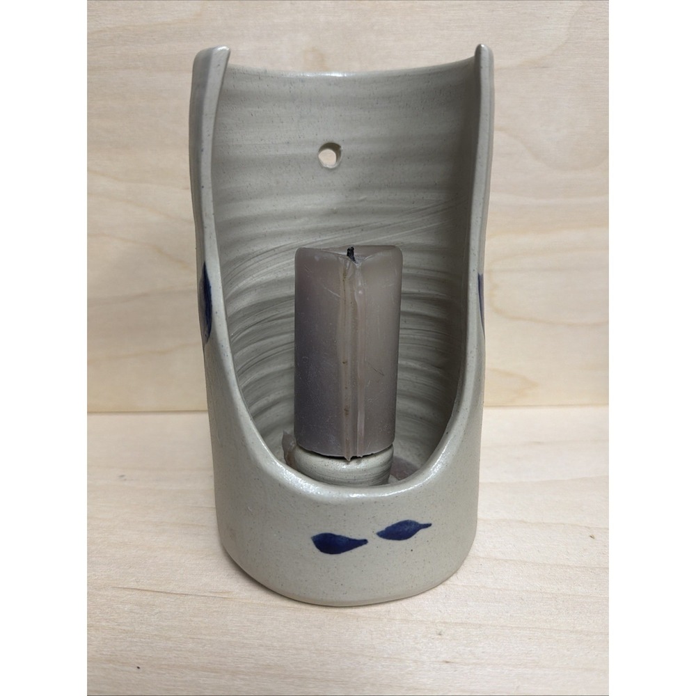 Williamsburg Pottery Gray Candlestick Taper Candle Holder Blue Painted Leaves